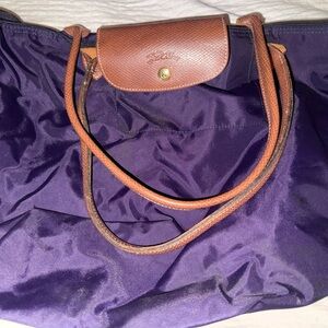 Longchamp Deep Purple Tote with Brown Accents